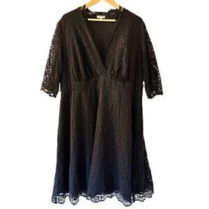 Kiyonna Black Lace V-Neck Short Sleeve Fit Flare Midi Cocktail Dress Plus Size 3